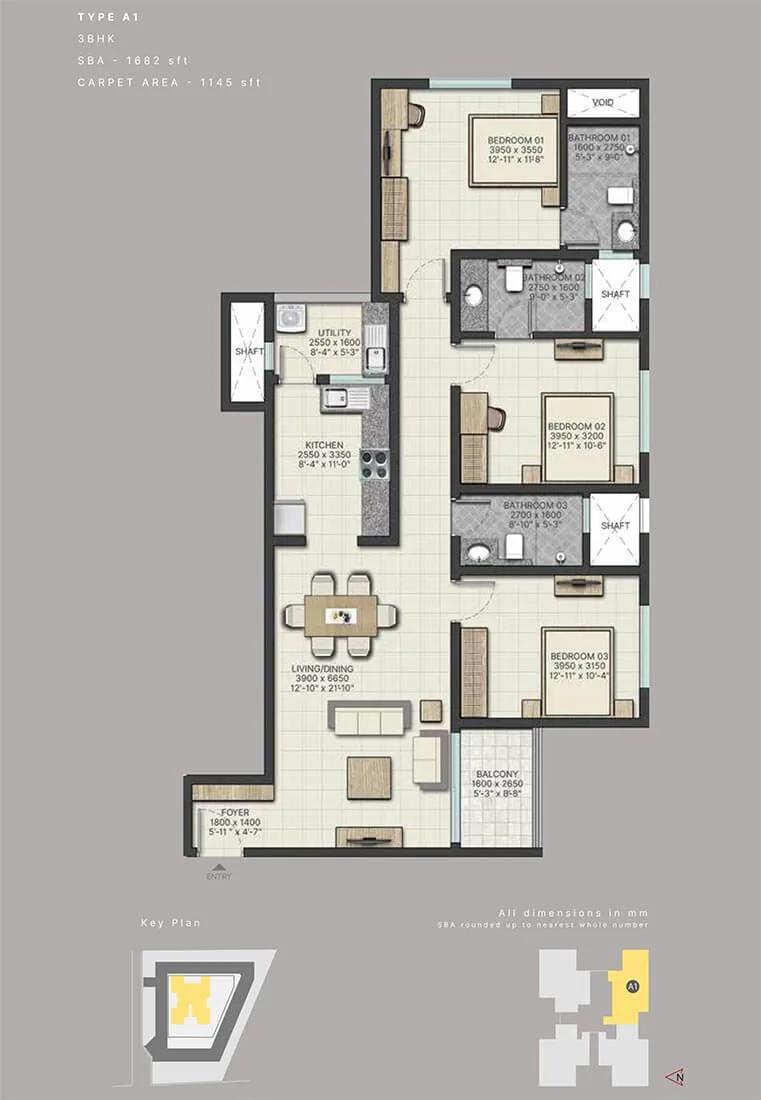 3 BHK 1682 - Sobha City Athena