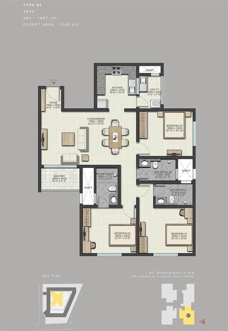 3 BHK 1687 - Sobha City Athena