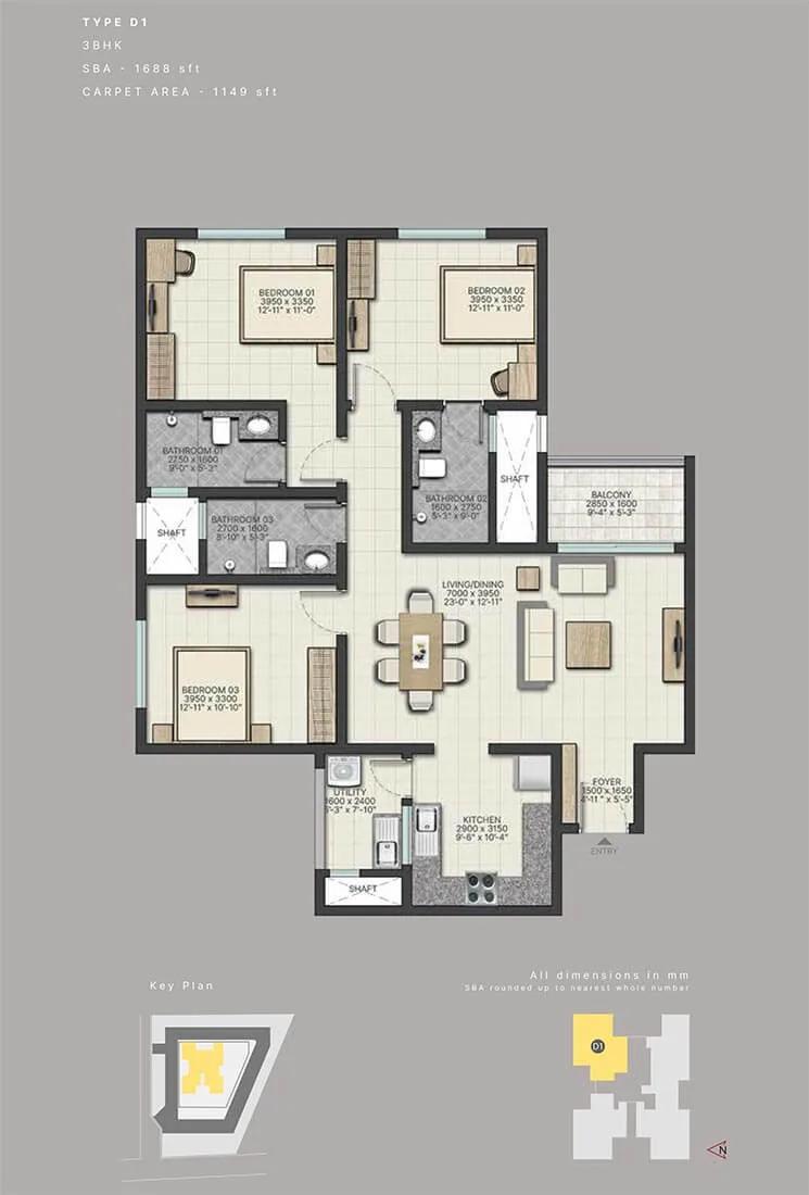 3 BHK 1688 - Sobha City Athena