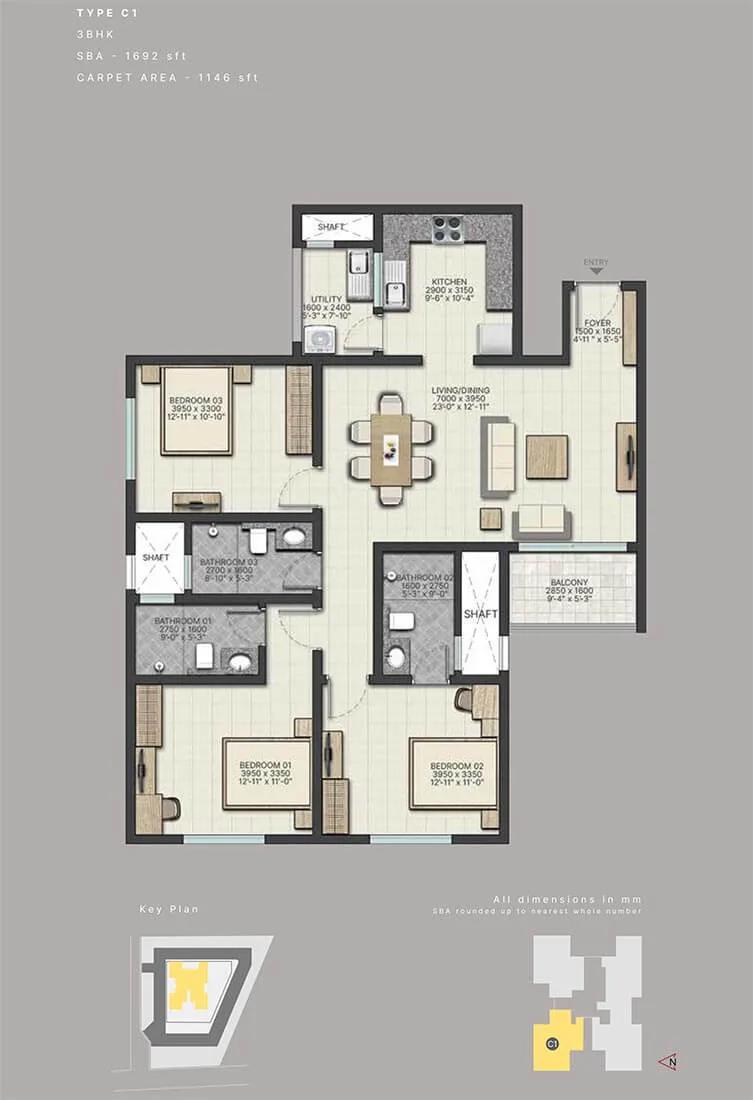 3 BHK 1692 - Sobha City Athena