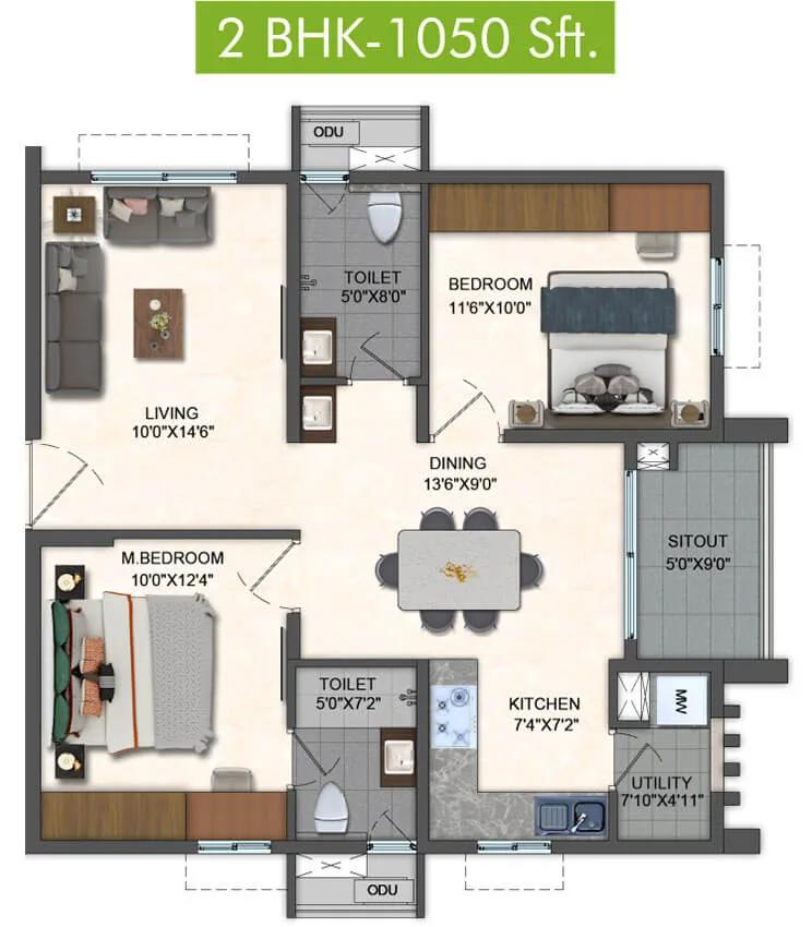 2BHK 1050 - Pavani Mirabilia
