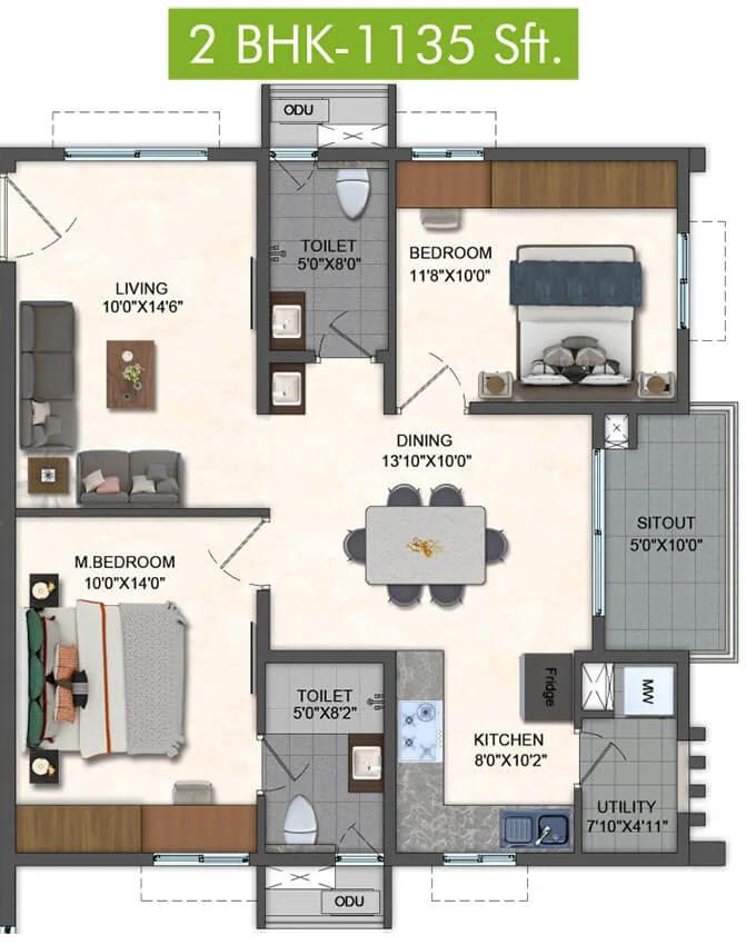 2BHK 1135 - Pavani Mirabilia