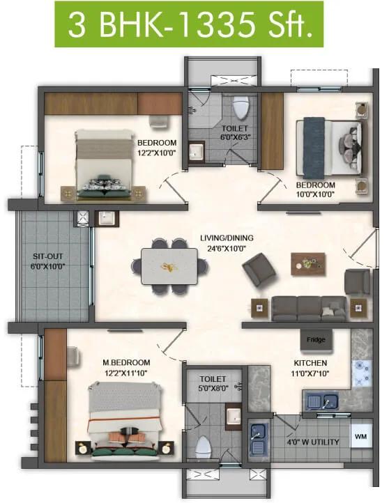 3BHK 1335 - Pavani Mirabilia