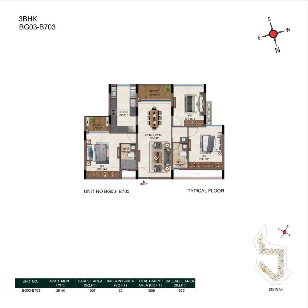 3BHK 1535 - Casagrand Promenade