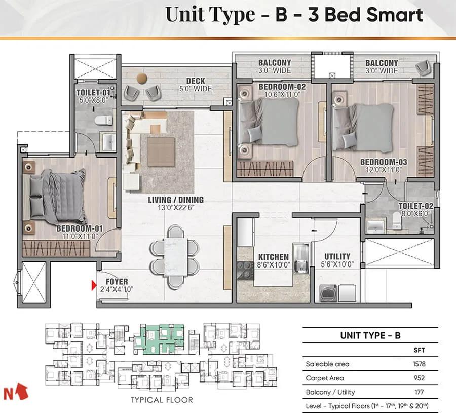 3BHK Smart 1578 - Prestige Camden Gardens