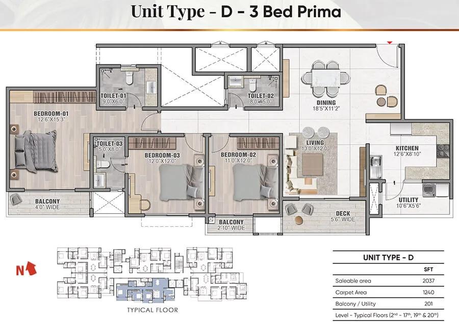 3BHK Prima 2037 - Prestige Camden Gardens