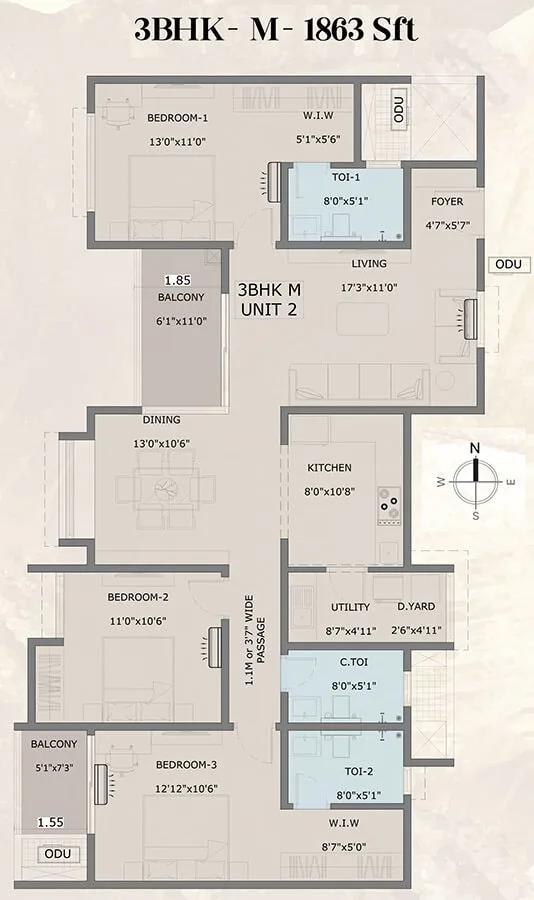 3BHK Medium 1863 - Vajram Vivera Vajram Codename KGF