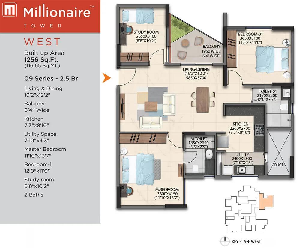 2.5BHK 1256 - Artismo Millionaire Tower