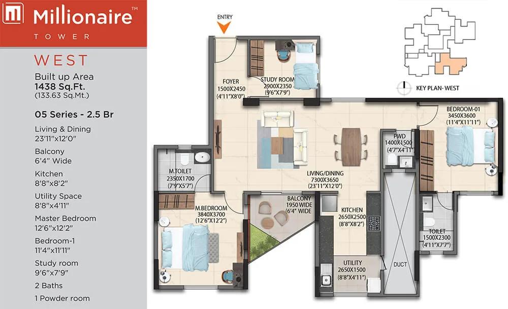 2.5BHK 1438 - Artismo Millionaire Tower