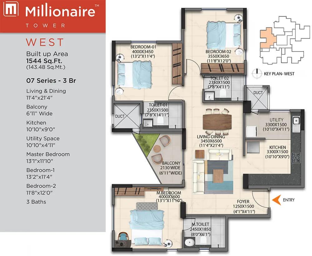3BHK 1544 - Artismo Millionaire Tower