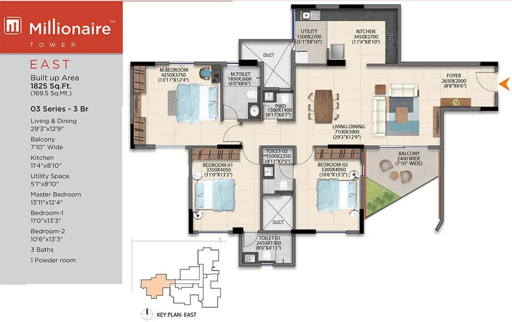 3BHK 1825 - Artismo Millionaire Tower