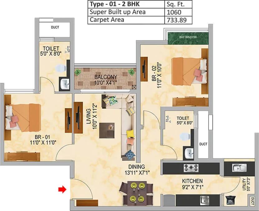 1060 2BHK - SNN Raj Serenity Gardens Phase 2