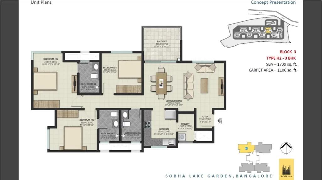 Sobha Lake Garden 3 BHK Floor Plan