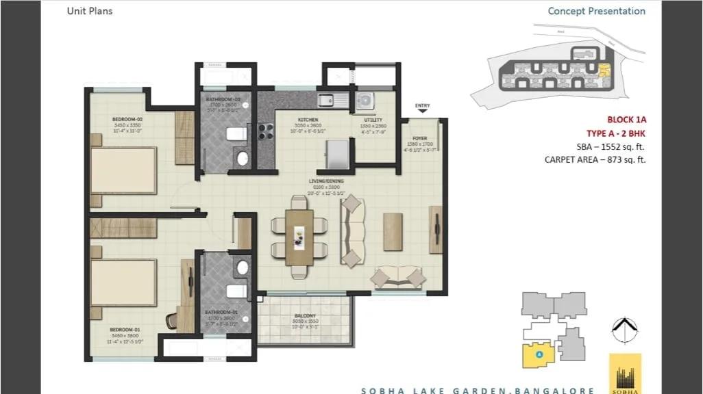 Sobha Lake Garden 2 BHK Floor Plan