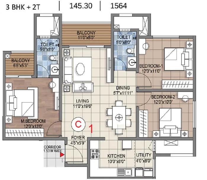 3bhk 1564 sattva songbird phase 2