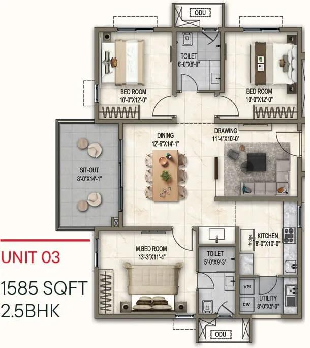 2.5bhk 1585 poulomi florique