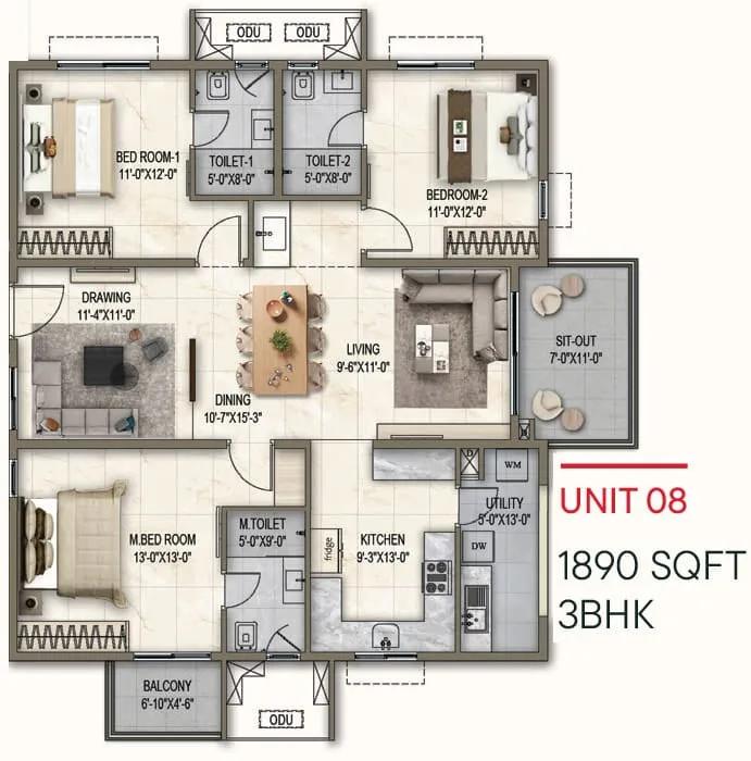 3bhk 1890 poulomi florique