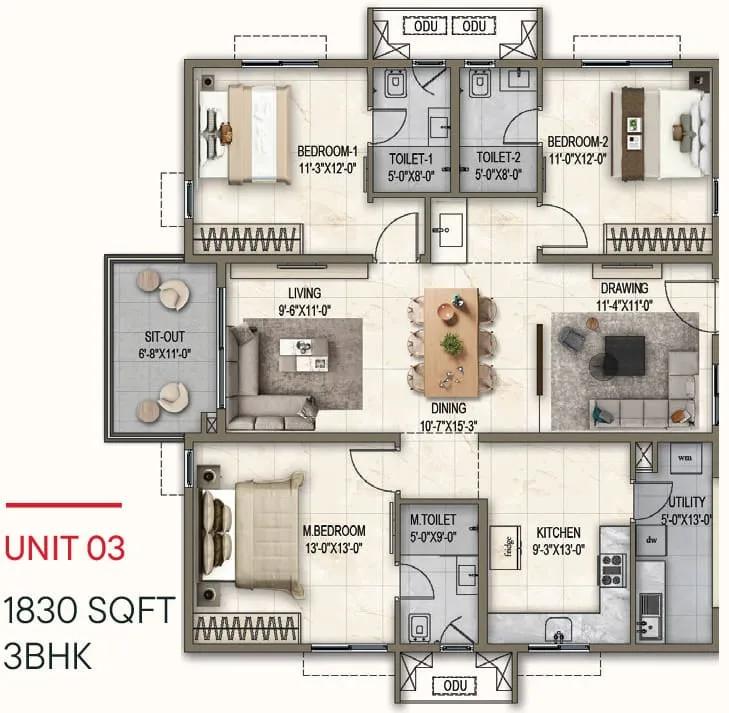3bhk 1830 poulomi florique