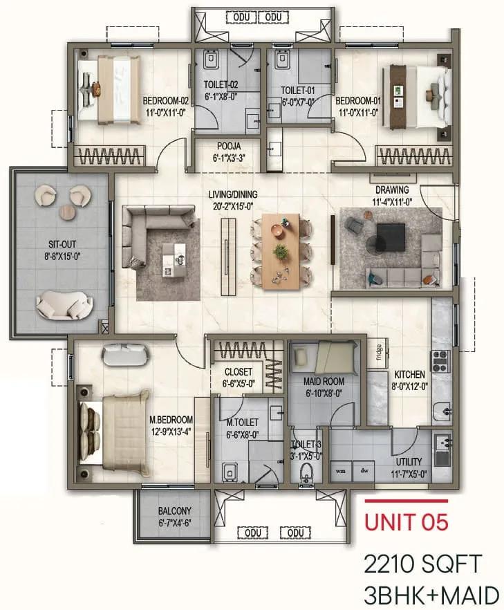 3bhk maid 2210 poulomi florique