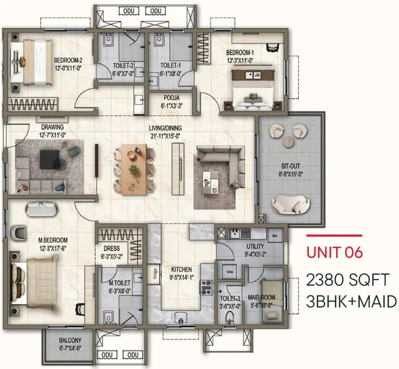 3bhk maid 2380 poulomi florique