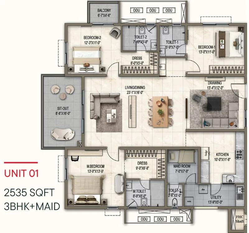 3bhk maid 2535 poulomi florique