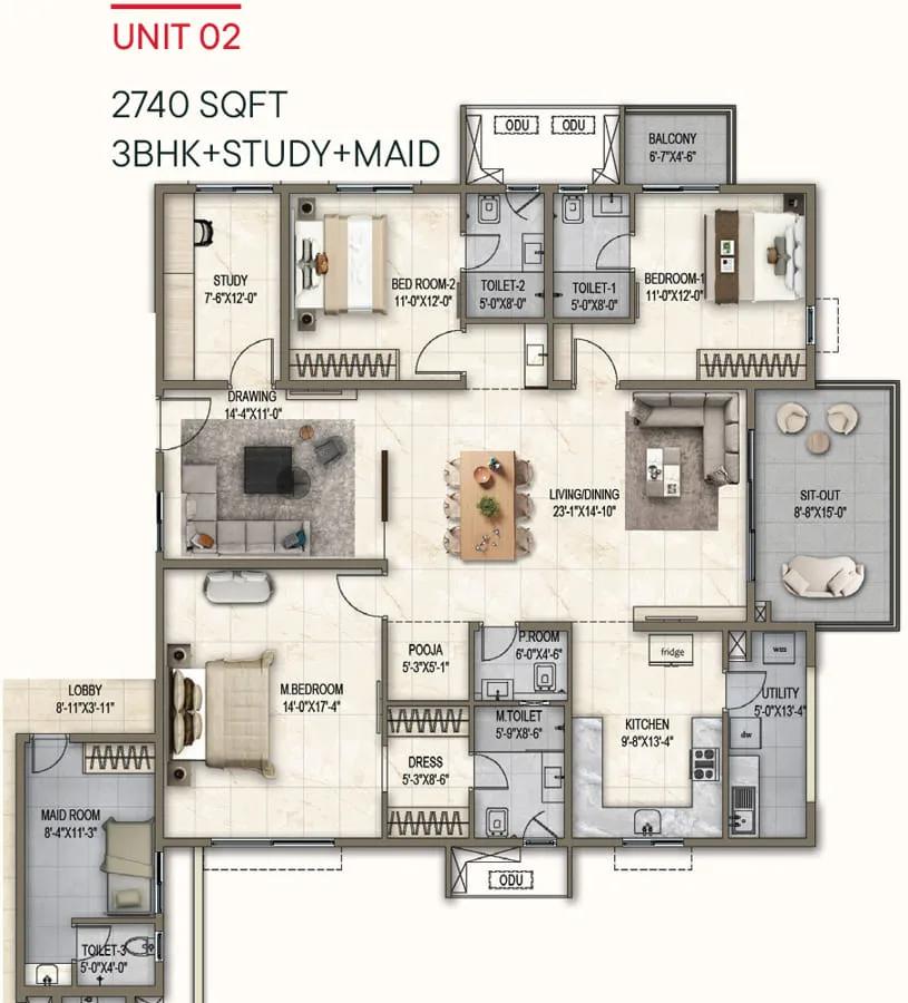3bhk maid 2740 poulomi florique