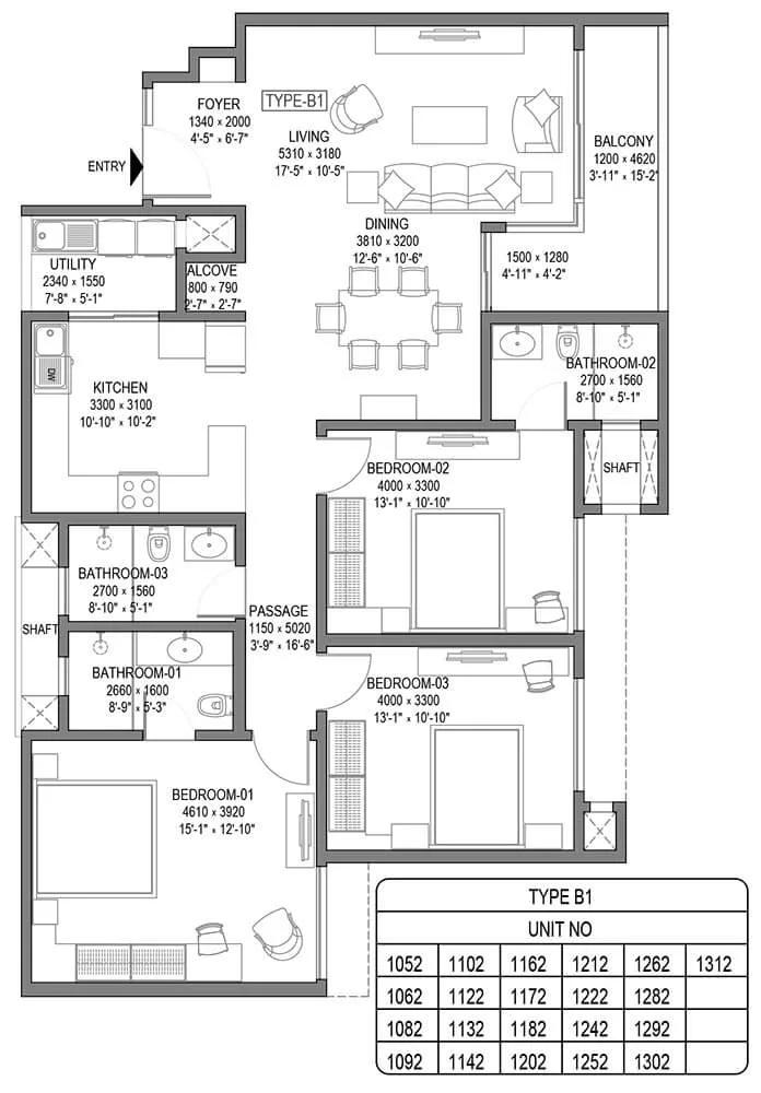 Type B1 3BHK - Sobha Royal Crest