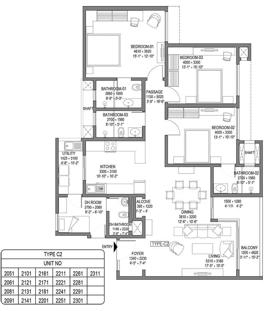 Type C2 3BHK+Maid Room - Sobha Royal Crest