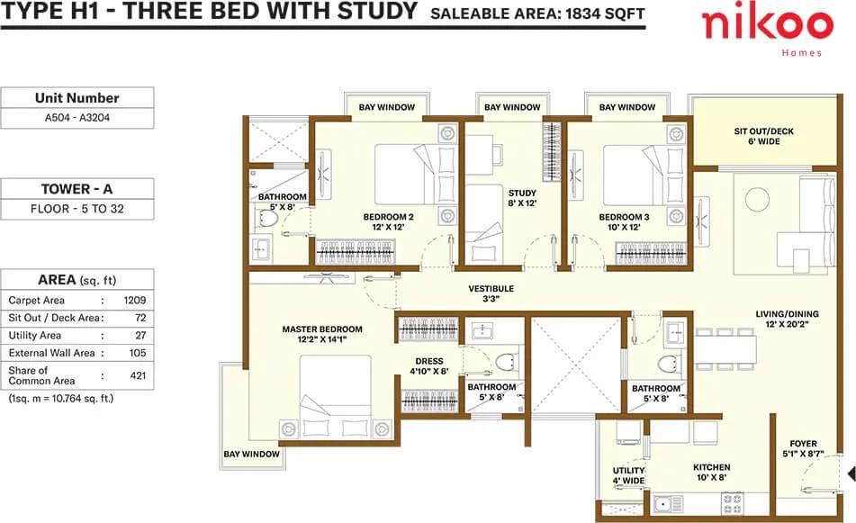3 BHK Study - 1834 - Nikoo Homes 4