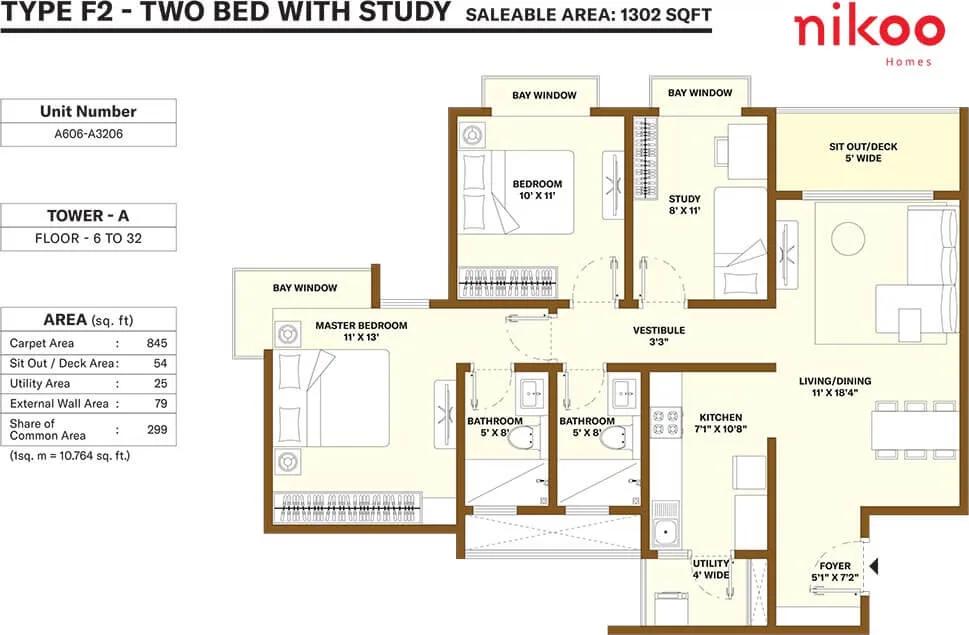 2 BHK Study - 1302 - Nikoo Homes 4