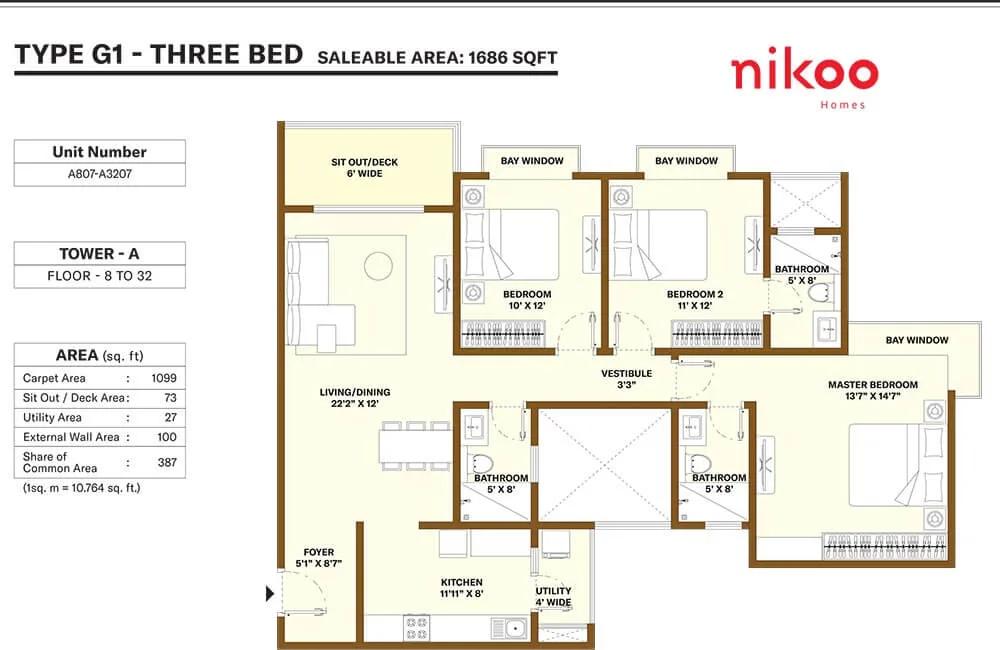 3 BHK - 1686 - Nikoo Homes 4
