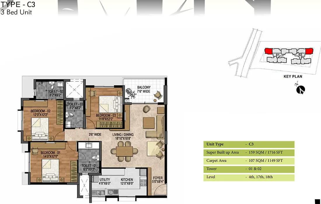 3 BHK - 1716 - Prestige Woodland Park Banaswadi