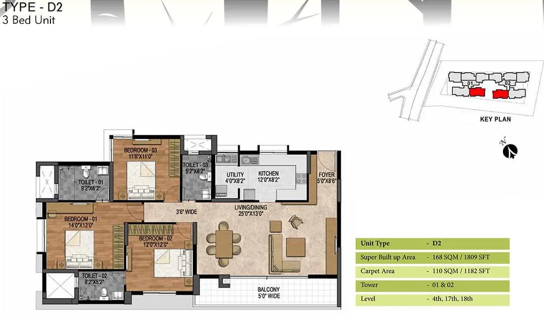 3 BHK - 1809 - Prestige Woodland Park Banaswadi
