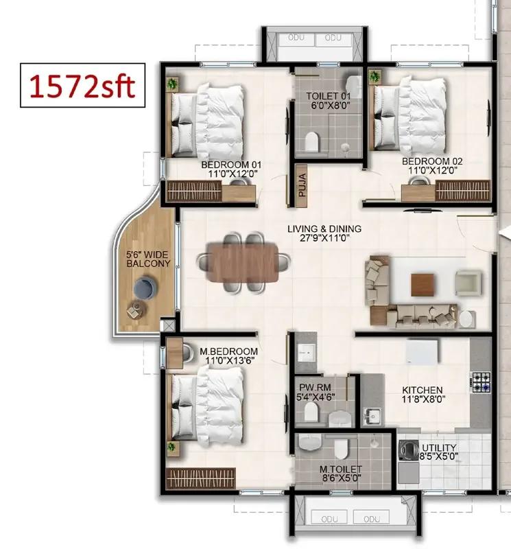 3bhk 1572 aparna wonder woods