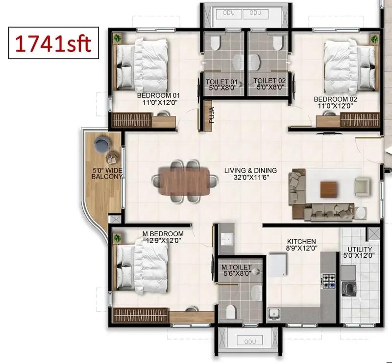 3bhk 1741 aparna wonder woods