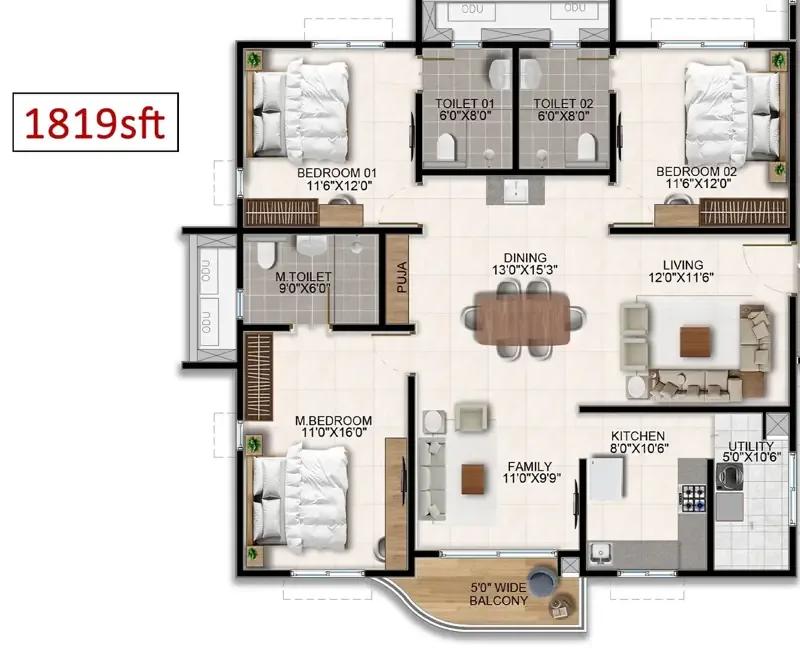 3bhk 1819 aparna wonder woods
