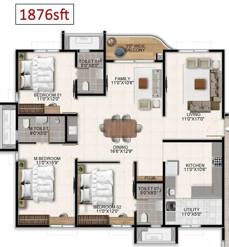 3bhk 1876 aparna wonder woods