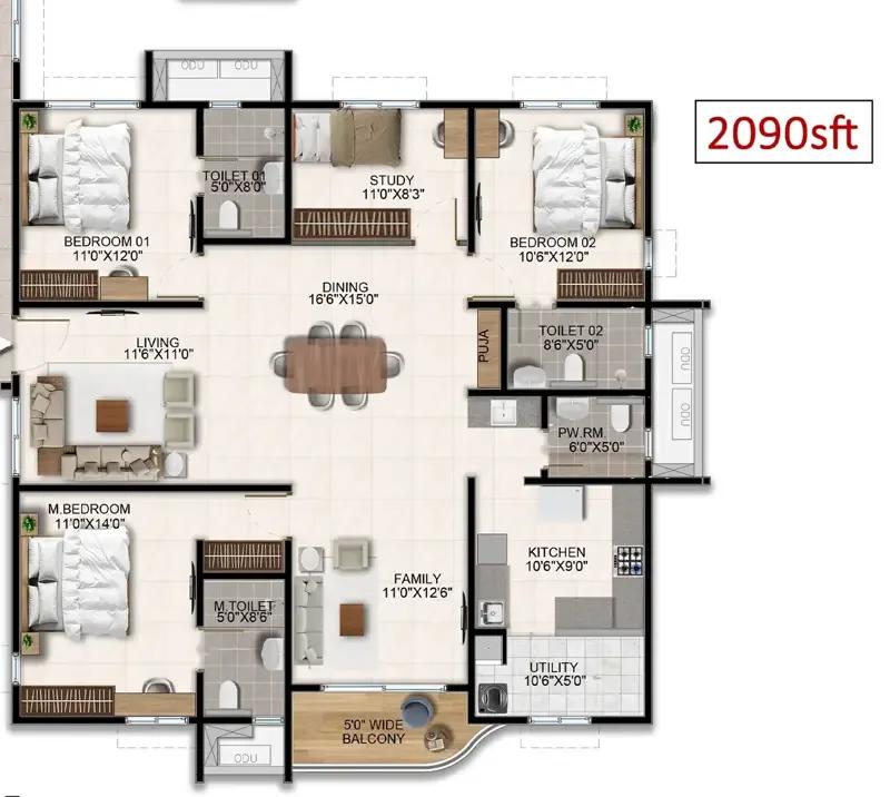 3bhk 2090 aparna wonder woods