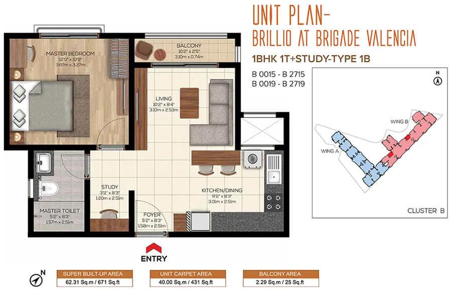 1BHK+Study 671 - Brillio At Brigade Valencia Phase 2
