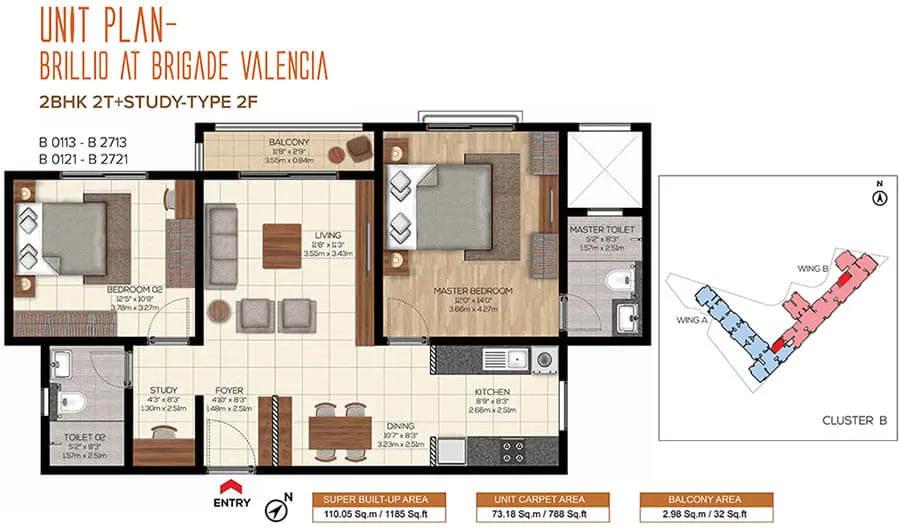 2BHK+Study 1185 - Brillio At Brigade Valencia Phase 2