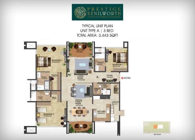 3BHK – 3443 – Prestige Kenilworth
