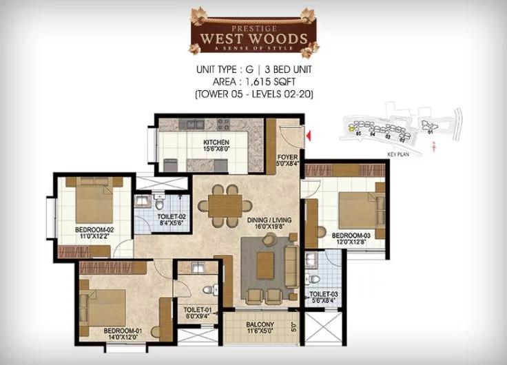 3BHK – 1615 – Prestige Westwoods