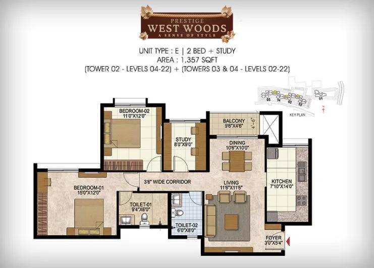 2BHK – 1357 – Prestige Westwoods