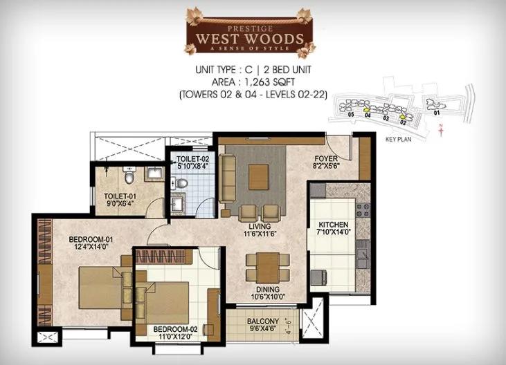 2BHK – 1263 – Prestige Westwoods