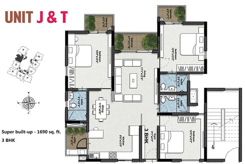 3 BHK – 1690 – Type T – RBD Stillwaters Apartments