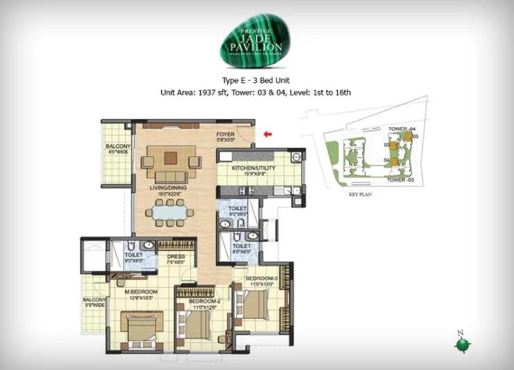3BHK – 1937 – Prestige Jade Pavilion