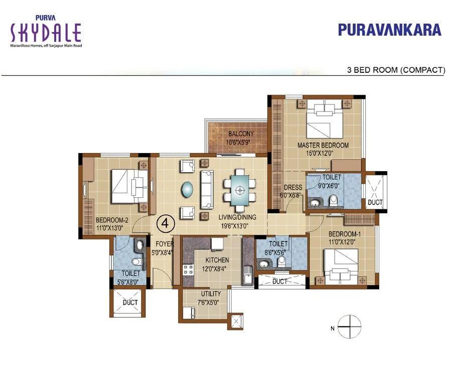 3BHK – 1000X700 – Purva Skydale