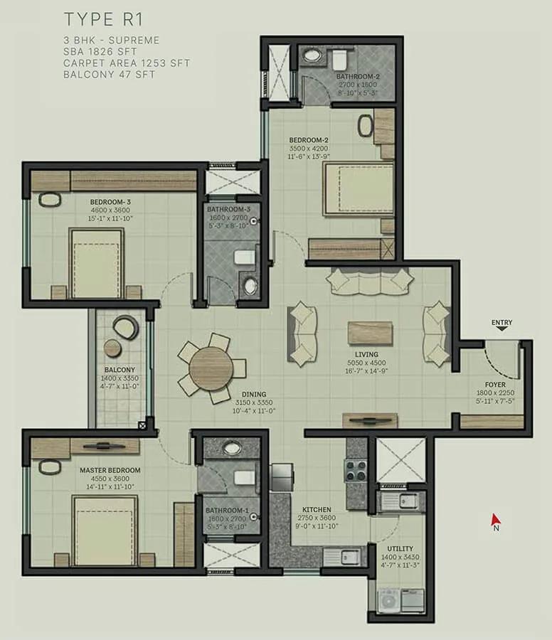 1826 3 BHK Supreme - Sobha Arbor
