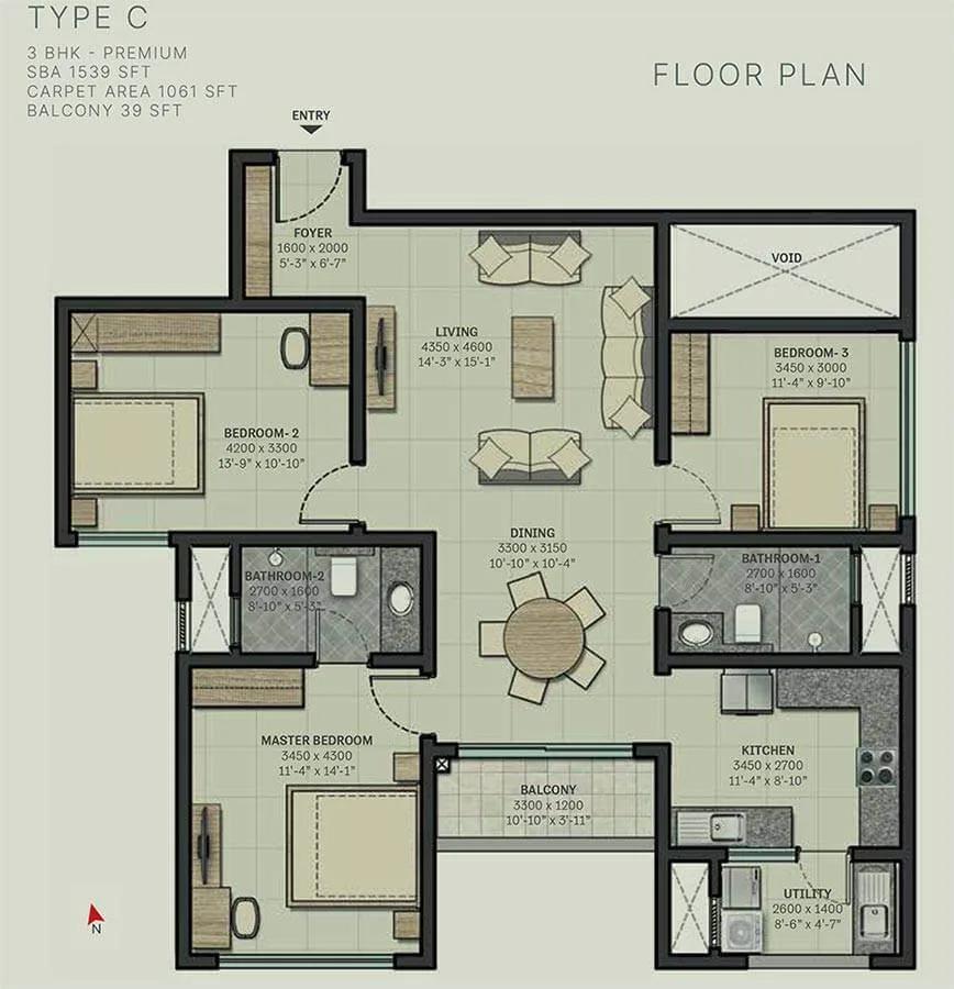 1539 3 BHK Premium - Sobha Arbor