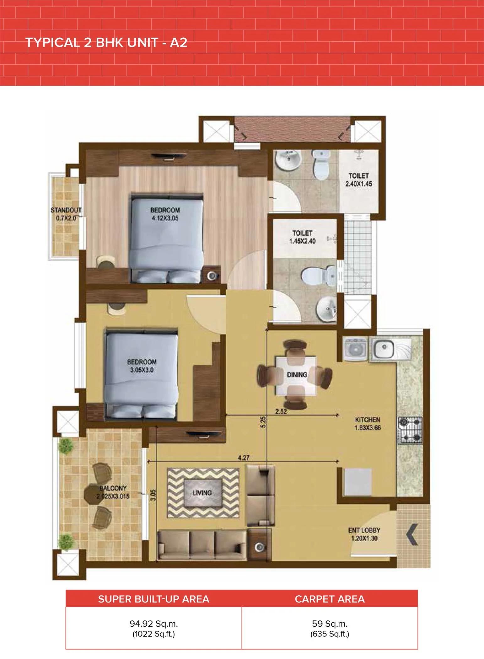 Brigade Bricklane 2 BHK Floor Plan Type 2